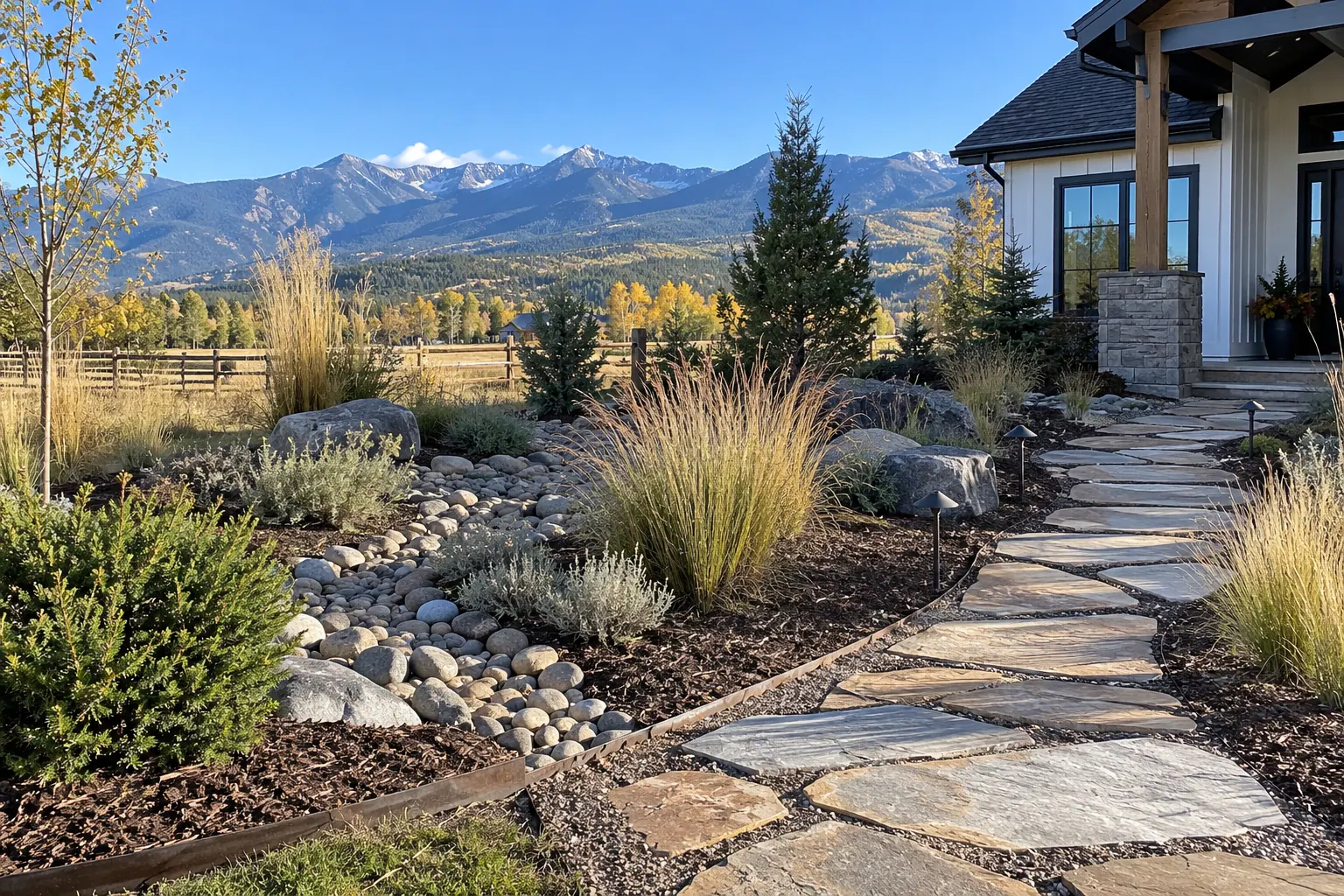 A xeriscape yard with river rock, native grasses and a natural stone path